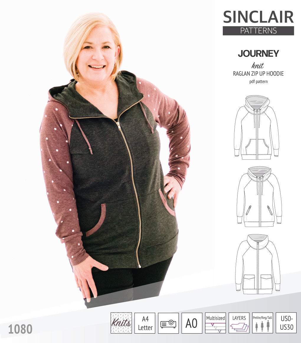 Sinclair Patterns S1080 Journey zip up zippered knit raglan hoodie for women with kangaroo, zippered or cargo pockets pdf sewing pattern