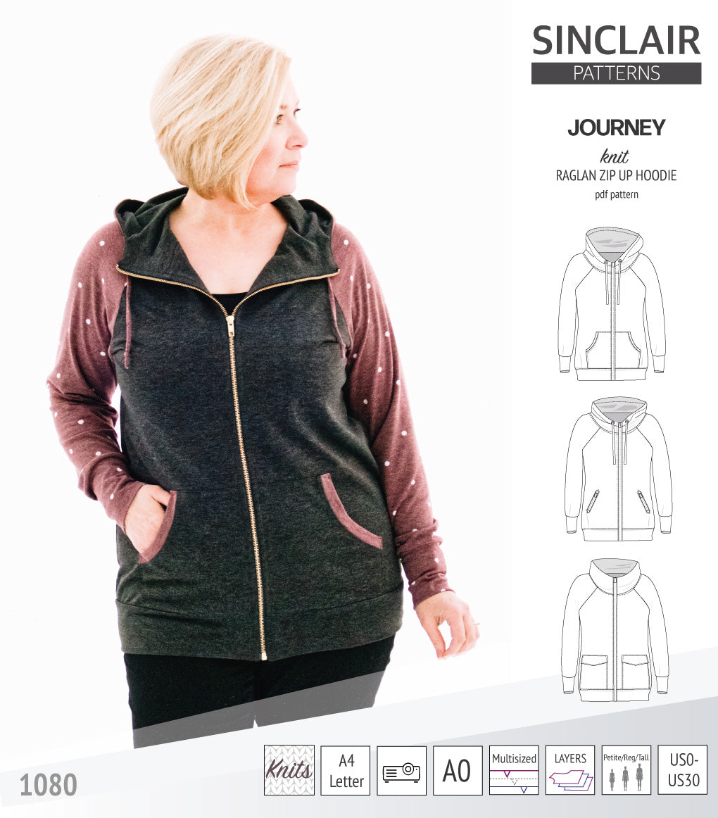 Sinclair Patterns S1080 Journey zip up zippered knit raglan hoodie for women with kangaroo, zippered or cargo pockets pdf sewing pattern