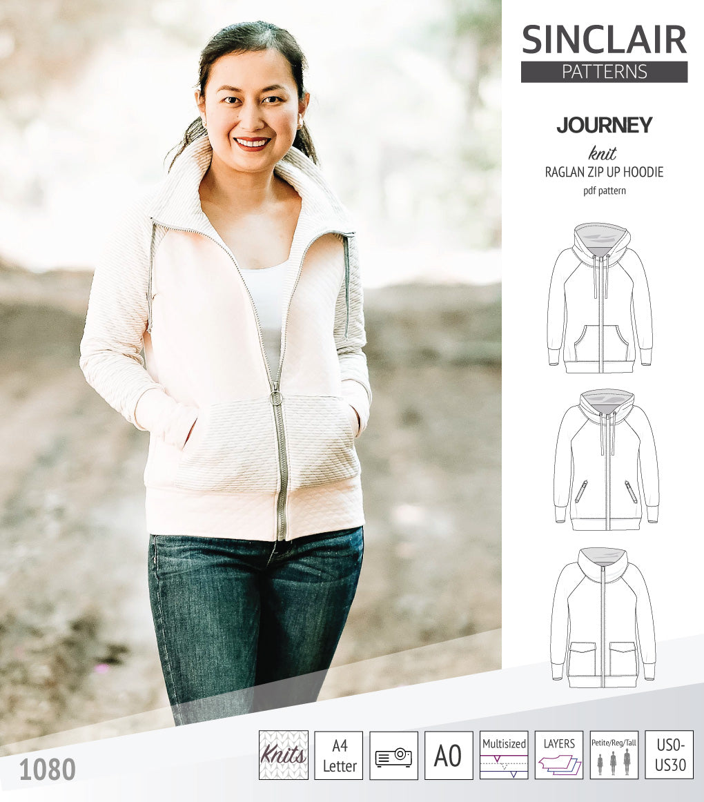 Sinclair Patterns S1080 Journey zip up zippered knit raglan hoodie for women with kangaroo, zippered or cargo pockets pdf sewing pattern