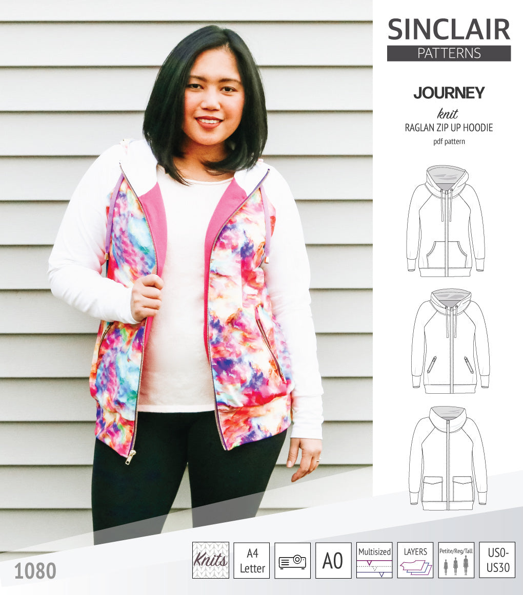 Sinclair Patterns S1080 Journey zip up zippered knit raglan hoodie for women with kangaroo, zippered or cargo pockets pdf sewing pattern