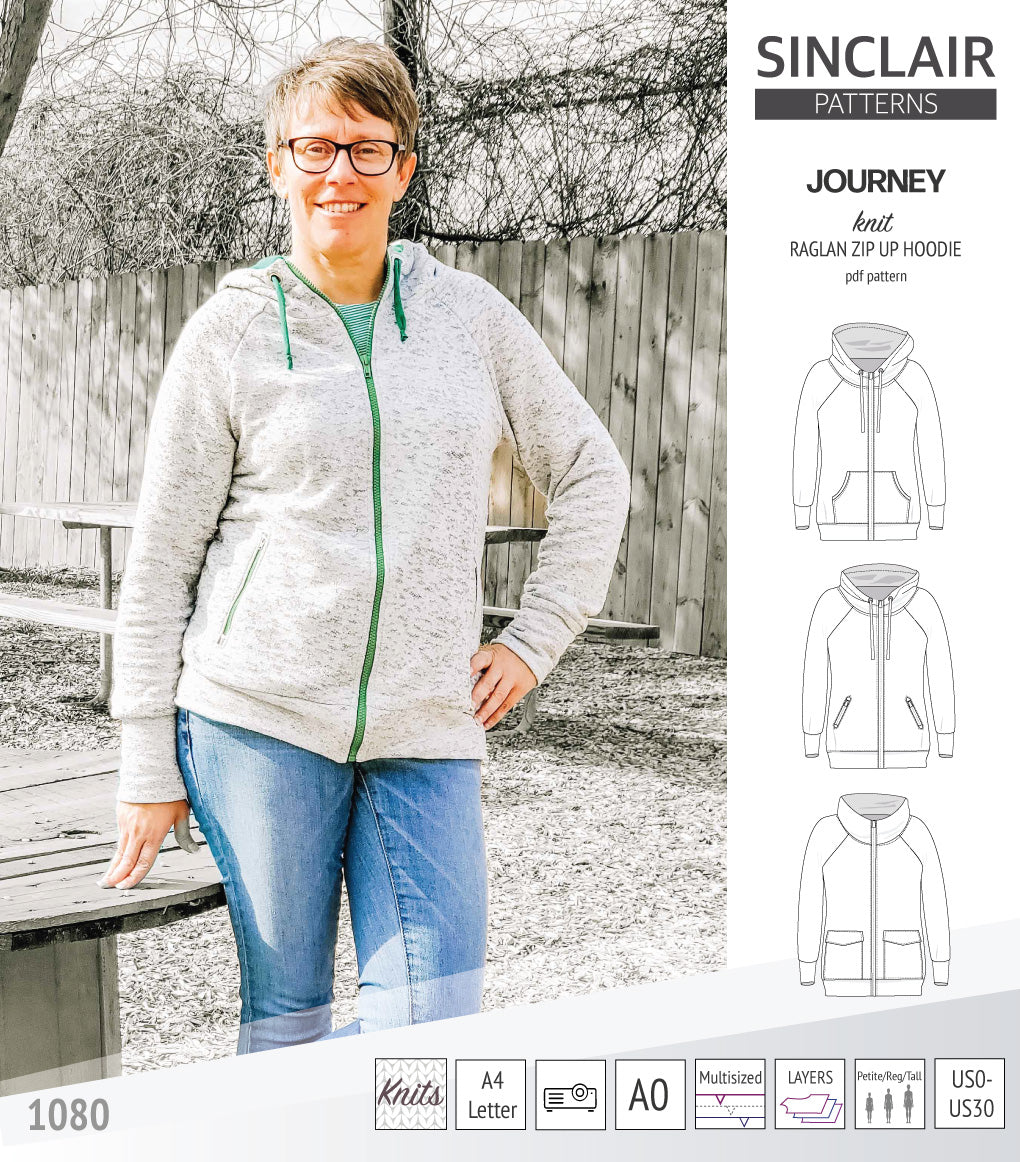 Sinclair Patterns S1080 Journey zip up zippered knit raglan hoodie for women with kangaroo, zippered or cargo pockets pdf sewing pattern