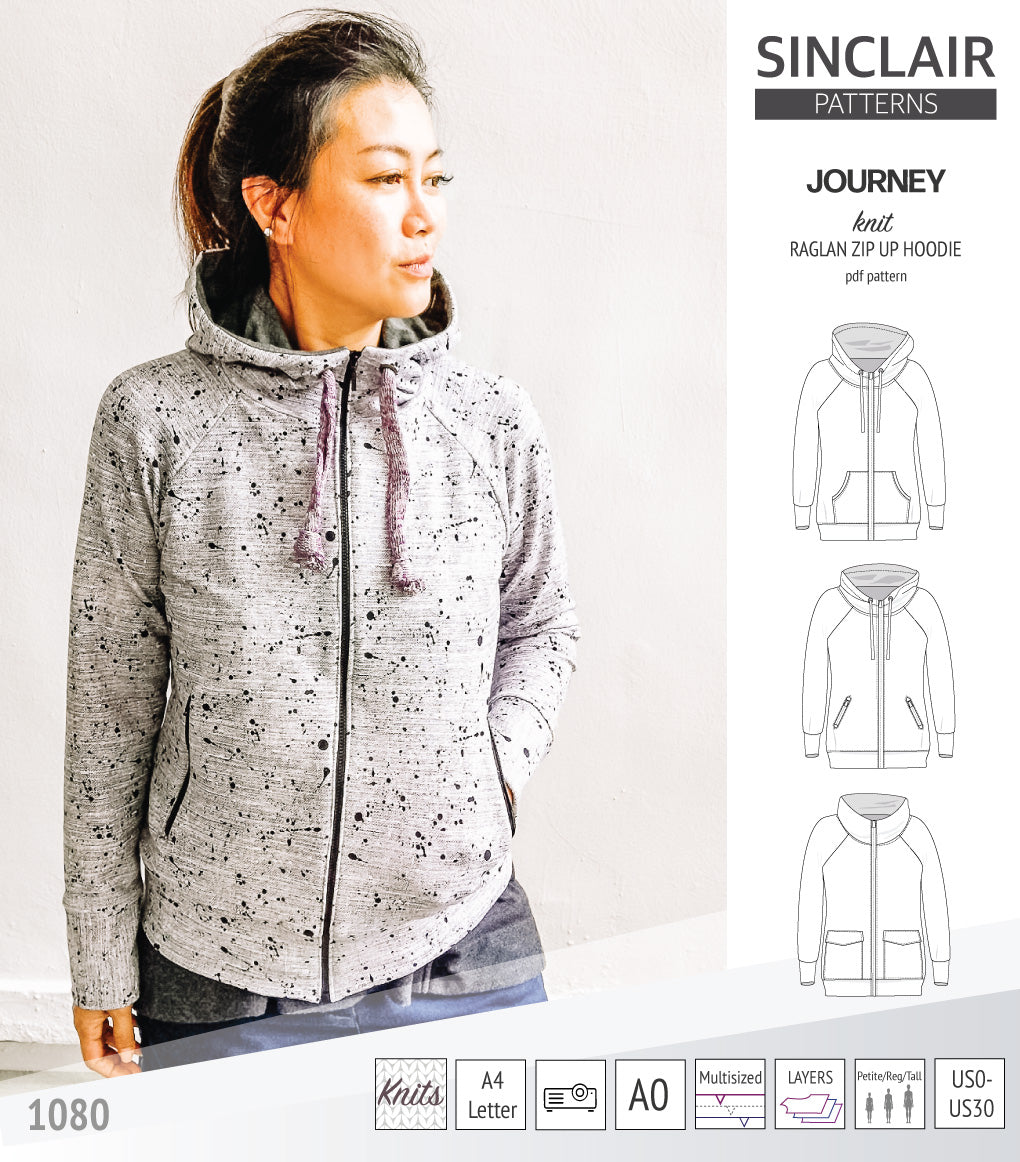 Sinclair Patterns S1080 Journey zip up zippered knit raglan hoodie for women with kangaroo, zippered or cargo pockets pdf sewing pattern