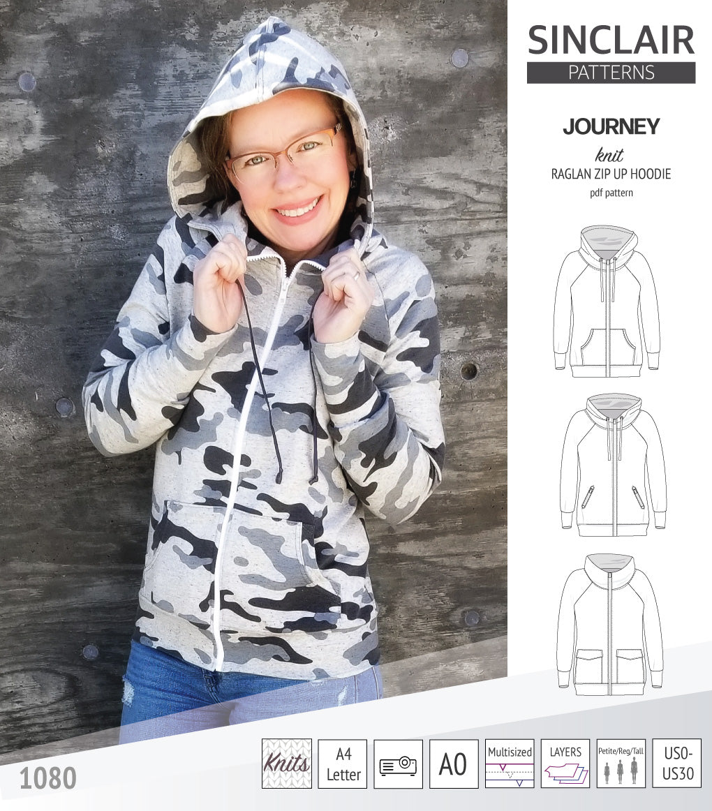 Sinclair Patterns S1080 Journey zip up zippered knit raglan hoodie for women with kangaroo, zippered or cargo pockets pdf sewing pattern