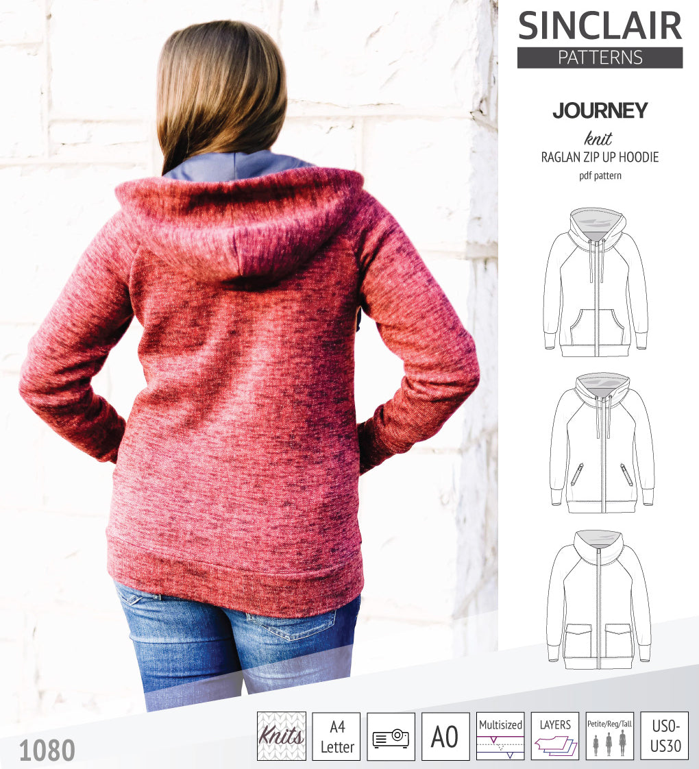 Sinclair Patterns S1080 Journey zip up zippered knit raglan hoodie for women with kangaroo, zippered or cargo pockets pdf sewing pattern