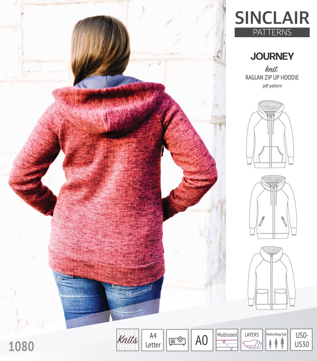 Sinclair Patterns S1080 Journey zip up zippered knit raglan hoodie for women with kangaroo, zippered or cargo pockets pdf sewing pattern