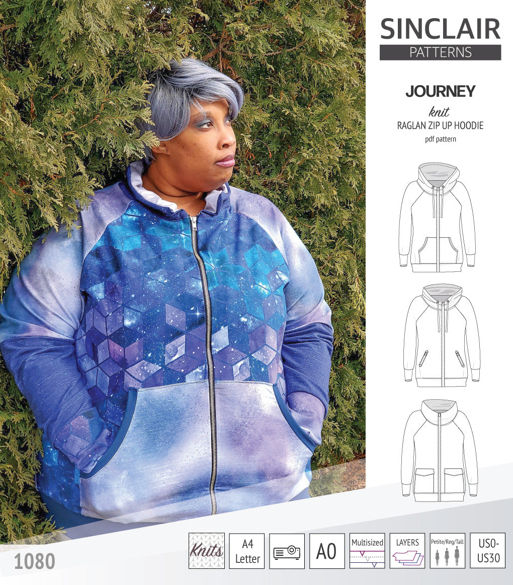 Sinclair Patterns S1080 Journey zip up zippered knit raglan hoodie for women with kangaroo, zippered or cargo pockets pdf sewing pattern