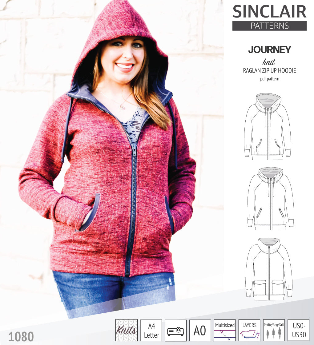 Sinclair Patterns S1080 Journey zip up zippered knit raglan hoodie for women with kangaroo, zippered or cargo pockets pdf sewing pattern