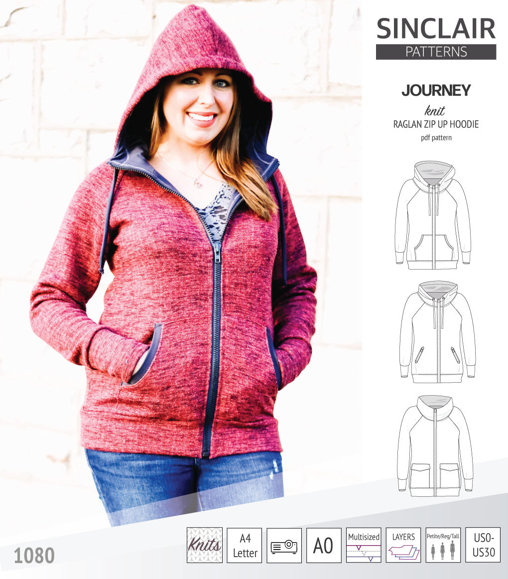 Sinclair Patterns S1080 Journey zip up zippered knit raglan hoodie for women with kangaroo, zippered or cargo pockets pdf sewing pattern