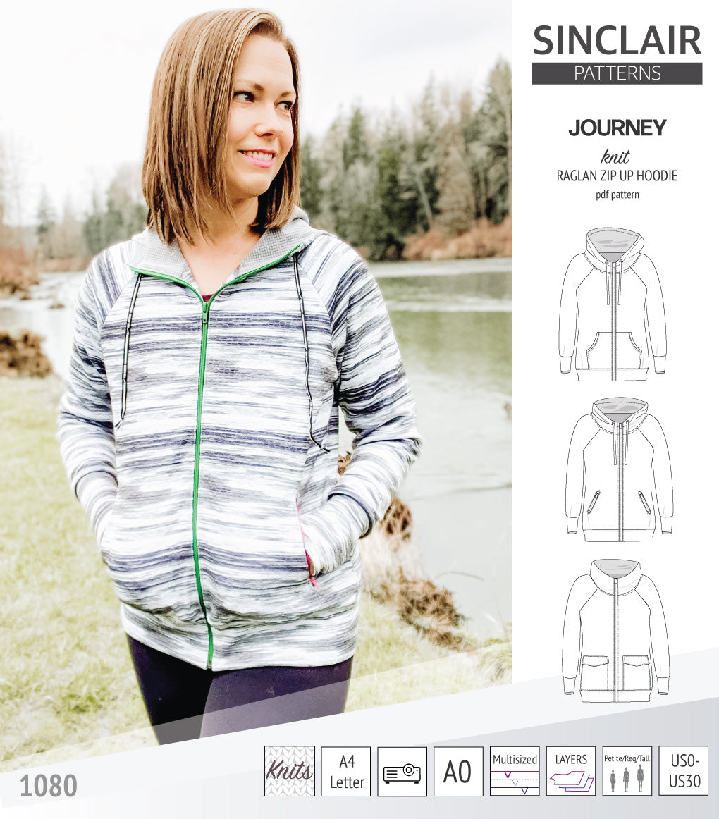 Sinclair Patterns S1080 Journey zip up zippered knit raglan hoodie for women with kangaroo, zippered or cargo pockets pdf sewing pattern