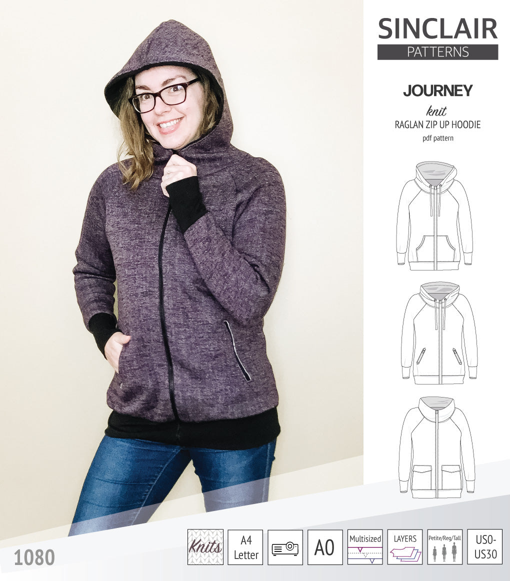 Sinclair Patterns S1080 Journey zip up zippered knit raglan hoodie for women with kangaroo, zippered or cargo pockets pdf sewing pattern