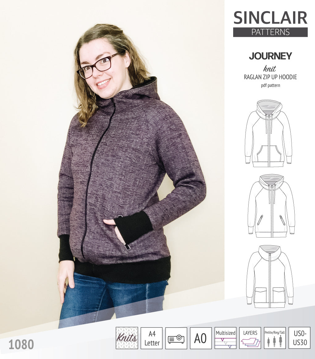 Sinclair Patterns S1080 Journey zip up zippered knit raglan hoodie for women with kangaroo, zippered or cargo pockets pdf sewing pattern