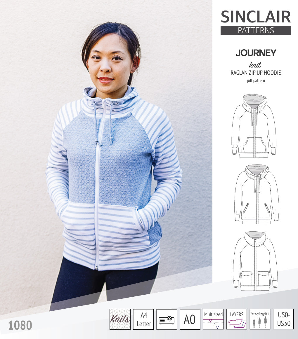 Sinclair Patterns S1080 Journey zip up zippered knit raglan hoodie for women with kangaroo, zippered or cargo pockets pdf sewing pattern