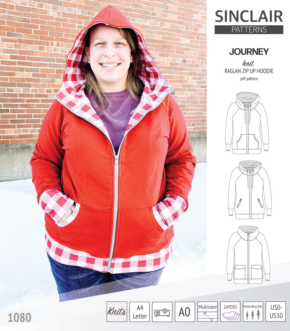 Sinclair Patterns S1080 Journey zip up zippered knit raglan hoodie for women with kangaroo, zippered or cargo pockets pdf sewing pattern