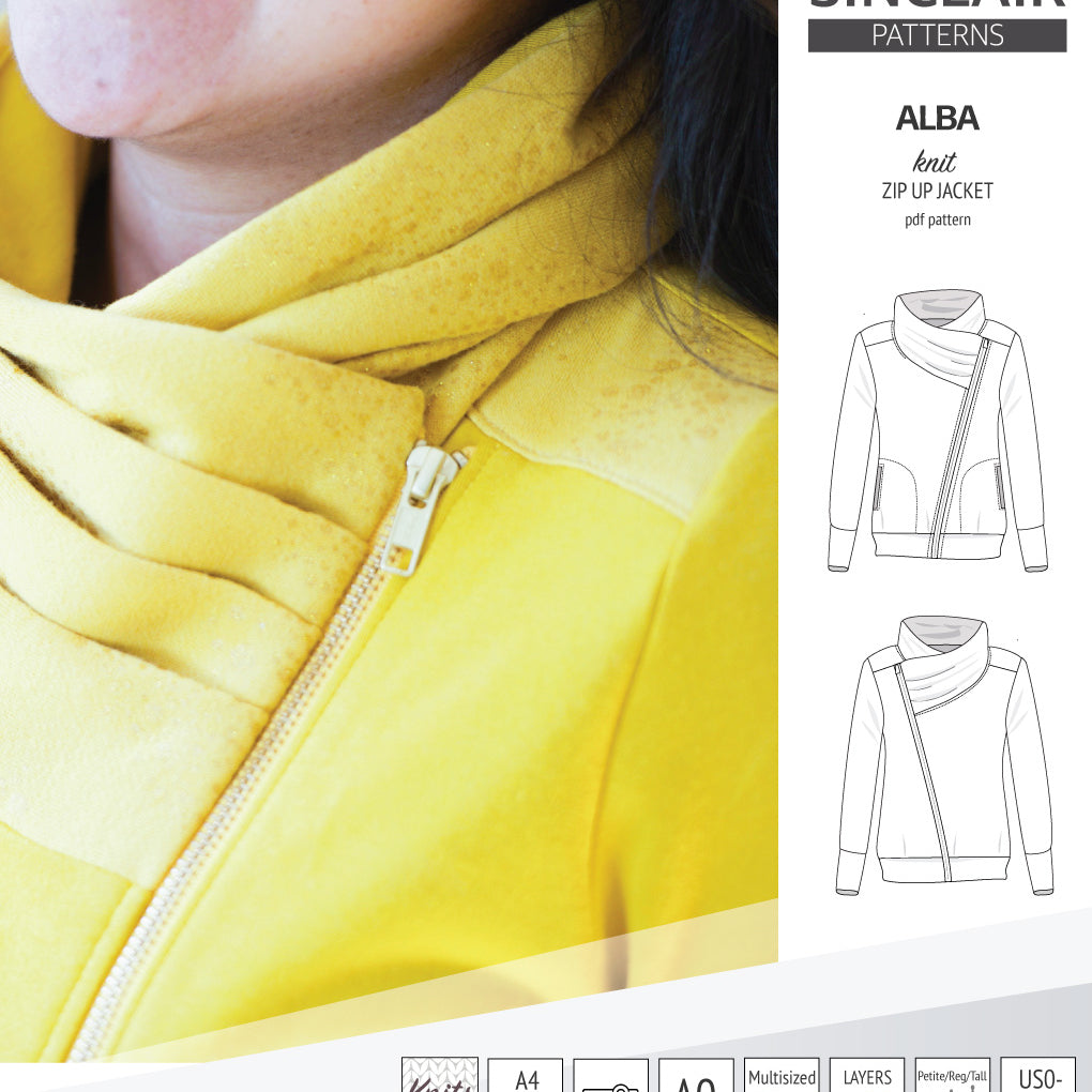 Sinclair Patterns S1082 Alba asymmetrical zip up zipper hoodie jacket for women with pockets pdf sewing pattern
