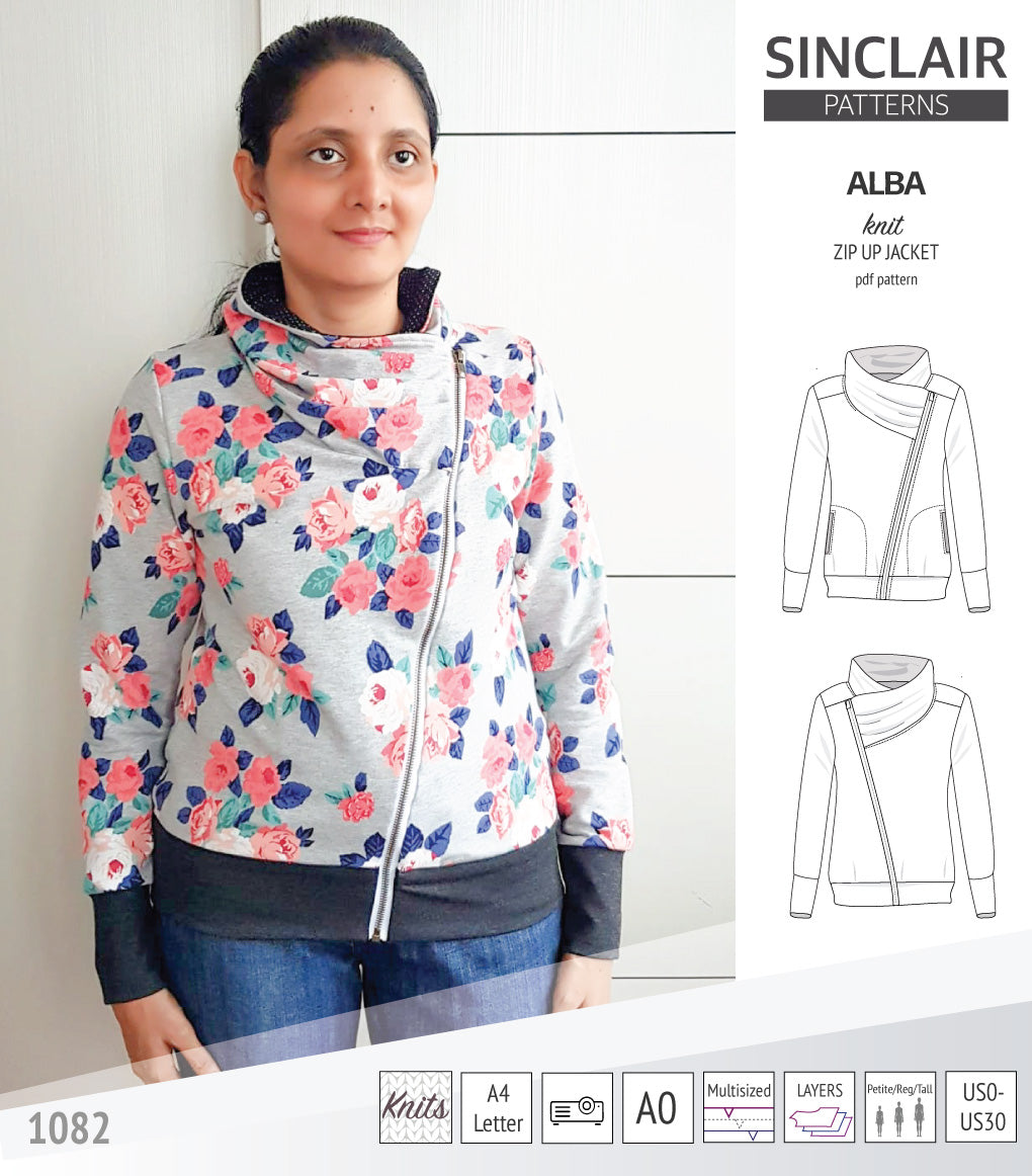 Alba zip up knit asymmetrical jacket with a cowl and side pockets PDF