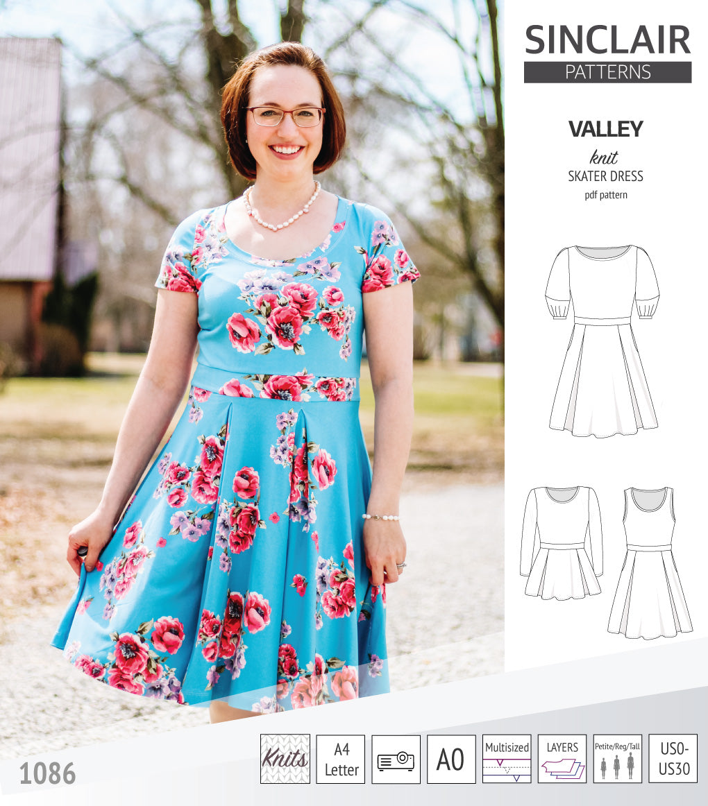 Sinclair Patterns S1086 Valley fit and flare skater dress for knit fabrics pdf sewing pattern