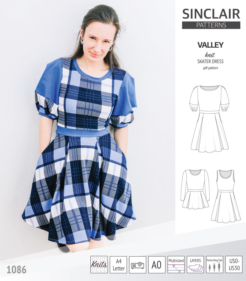 Sinclair Patterns S1086 Valley fit and flare skater dress for knit fabrics pdf sewing pattern