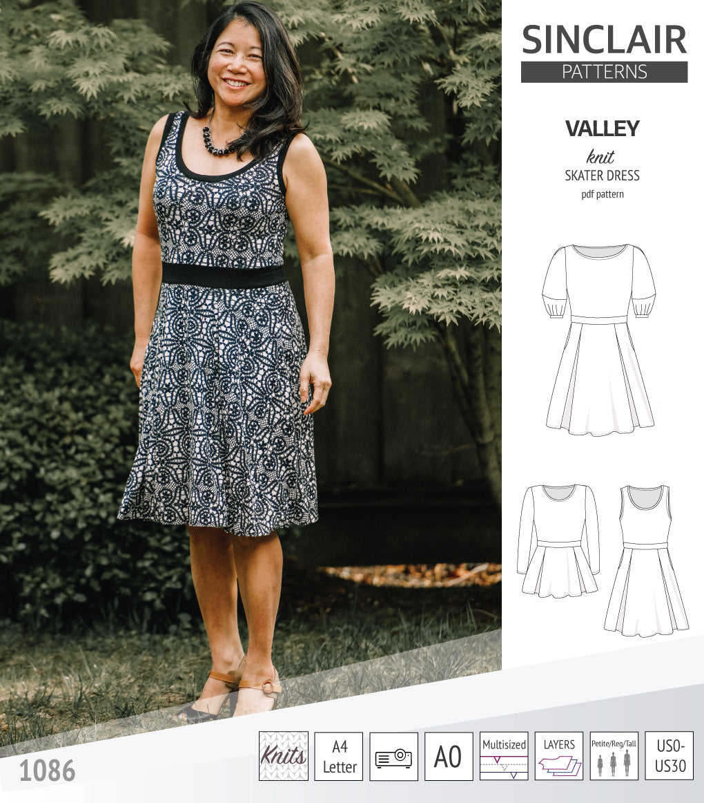 Sinclair Patterns S1086 Valley fit and flare skater dress for knit fabrics pdf sewing pattern