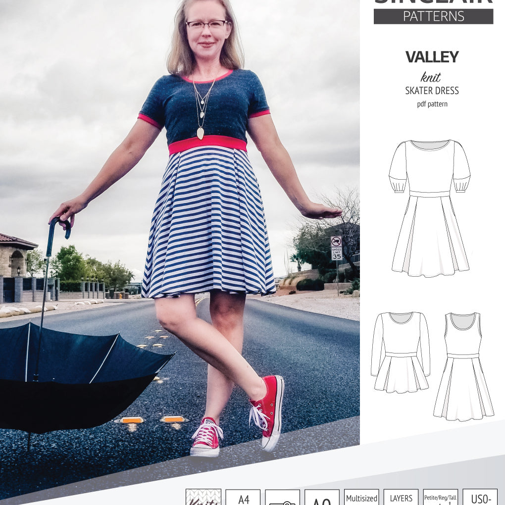 Sinclair Patterns S1086 Valley fit and flare skater dress for knit fabrics pdf sewing pattern