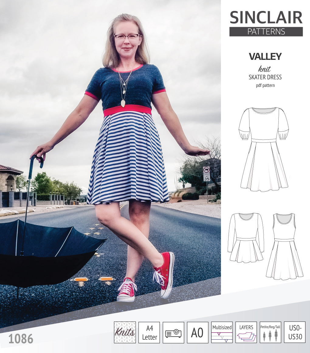 Sinclair Patterns S1086 Valley fit and flare skater dress for knit fabrics pdf sewing pattern