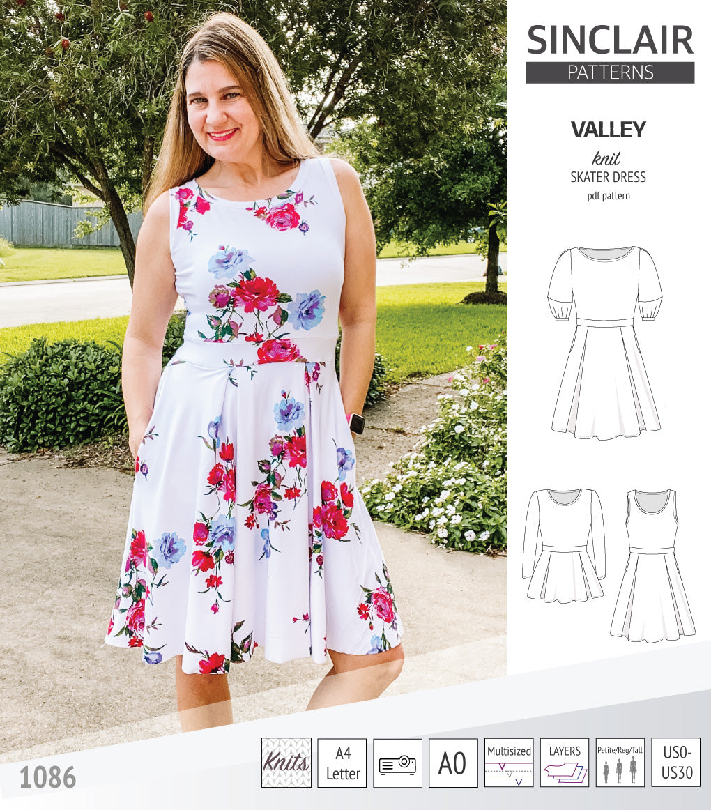 Sinclair Patterns S1086 Valley fit and flare skater dress for knit fabrics pdf sewing pattern