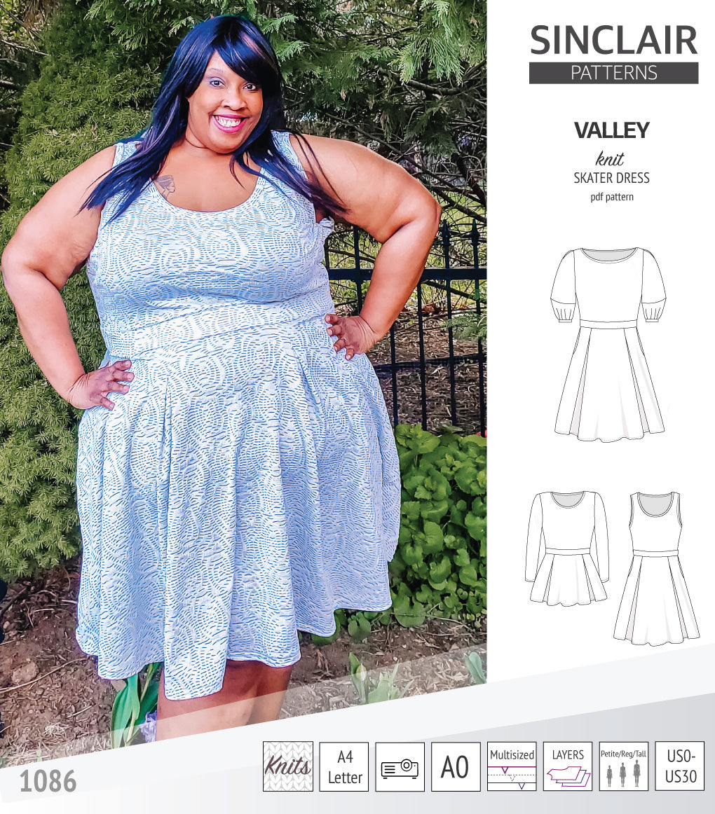 Sinclair Patterns S1086 Valley fit and flare skater dress for knit fabrics pdf sewing pattern