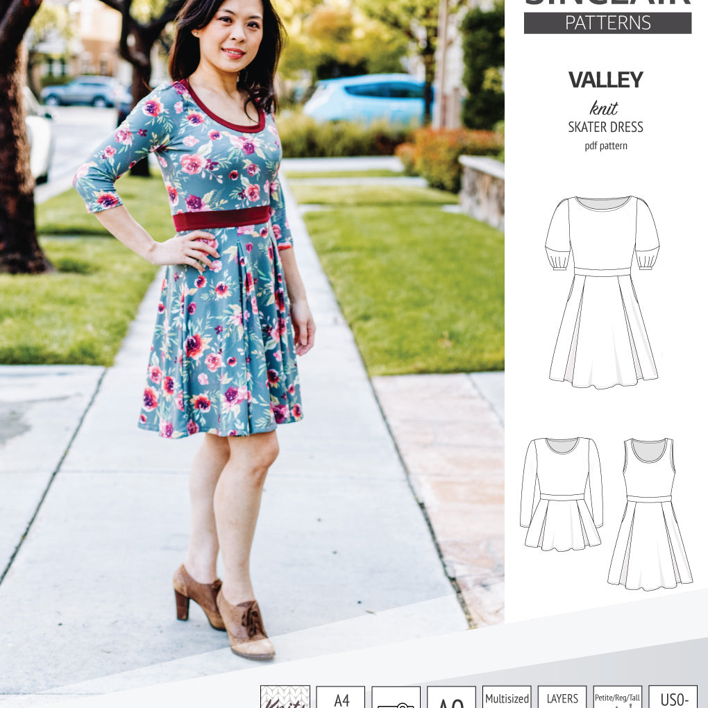 Sinclair Patterns S1086 Valley fit and flare skater dress for knit fabrics pdf sewing pattern