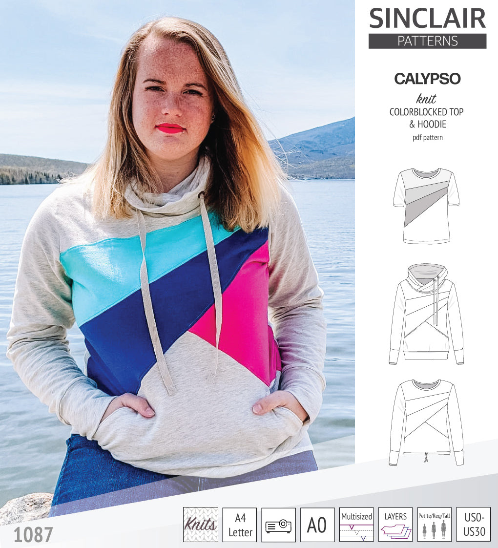 Pdf sewing pattern Hoodie top and t-shirt colorblocked and cowl for women