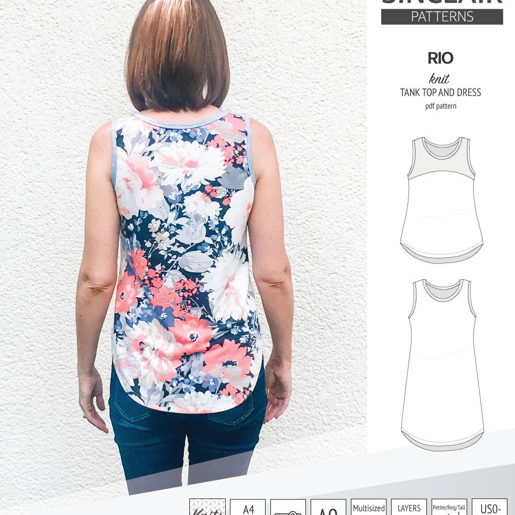 Sinclair Patterns Rio racerback tank top and jersey dress pdf sewing patterns for women