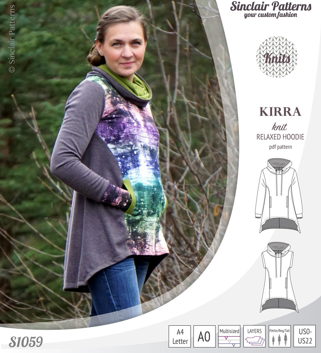 Pdf sewing pattern Kirra knit hoodie with welt pockets and panels by Sinclair Patterns