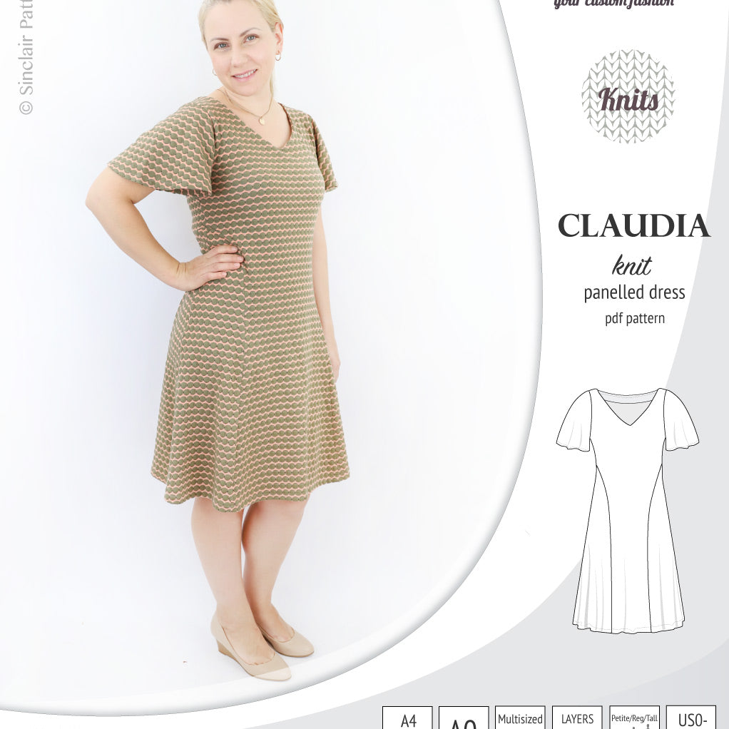 PDF Sewing pattern Sinclair Patterns S1046 Claudia godet style knit dress or tunic with flutter sleeves