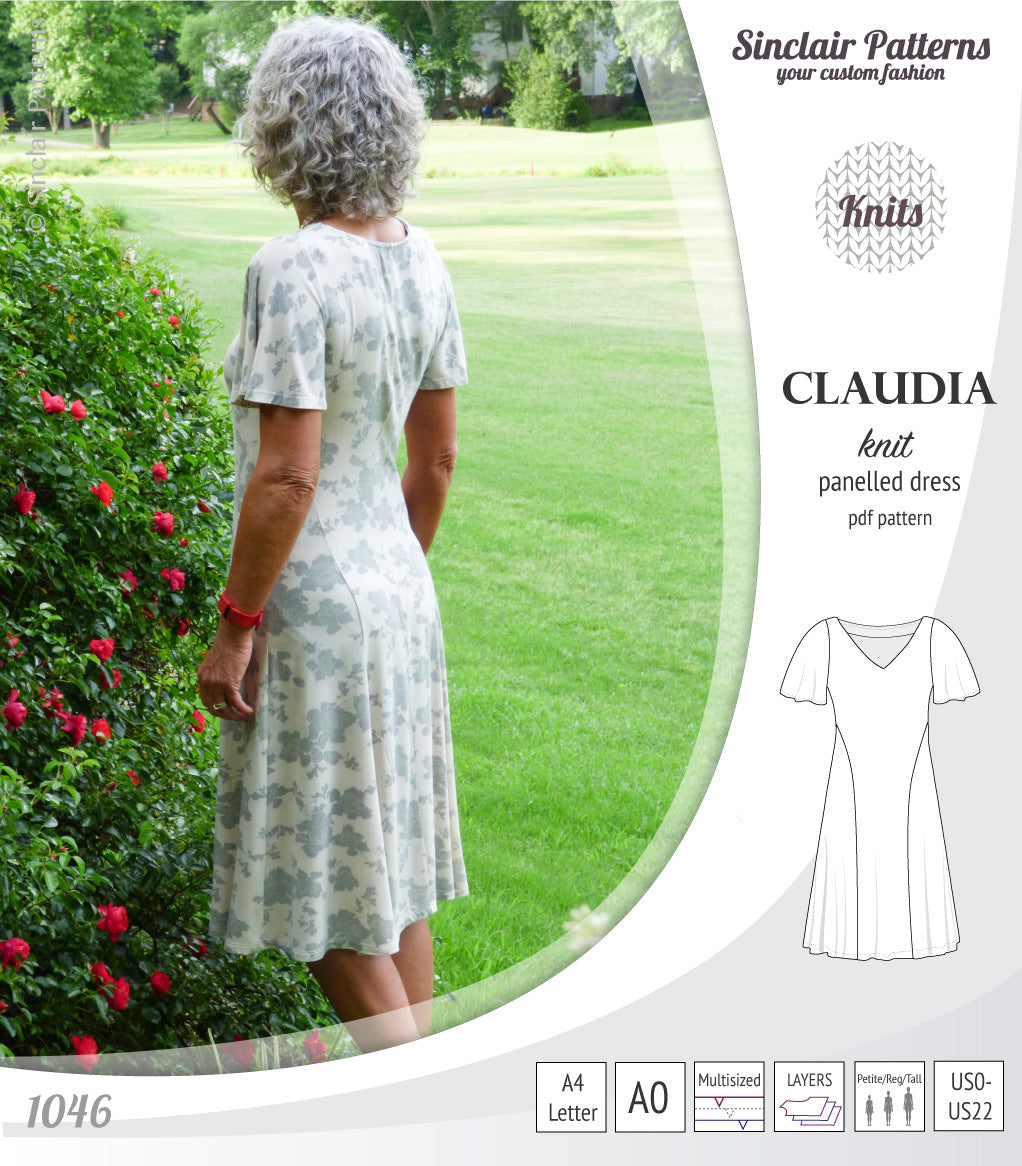 PDF Sewing pattern Sinclair Patterns S1046 Claudia godet style knit dress or tunic with flutter sleeves