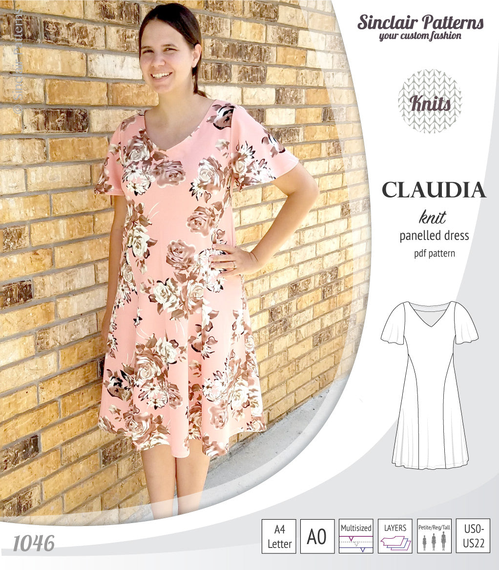 PDF Sewing pattern Sinclair Patterns S1046 Claudia godet style knit dress or tunic with flutter sleeves