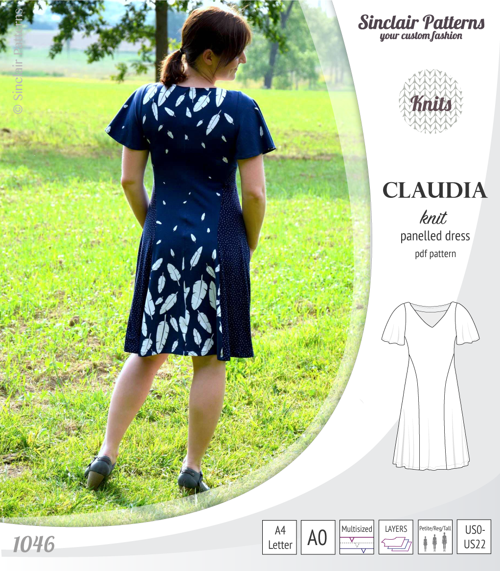 PDF Sewing pattern Sinclair Patterns S1046 Claudia godet style knit dress or tunic with flutter sleeves