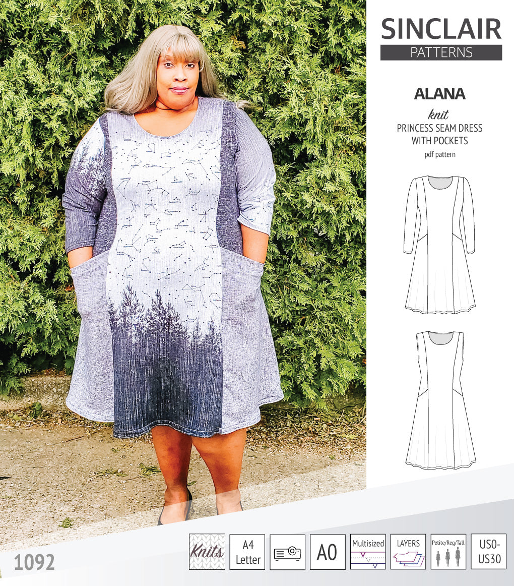 Alana princess seam knit dress with pockets pdf sewing pattern PDF Sinclair Patterns