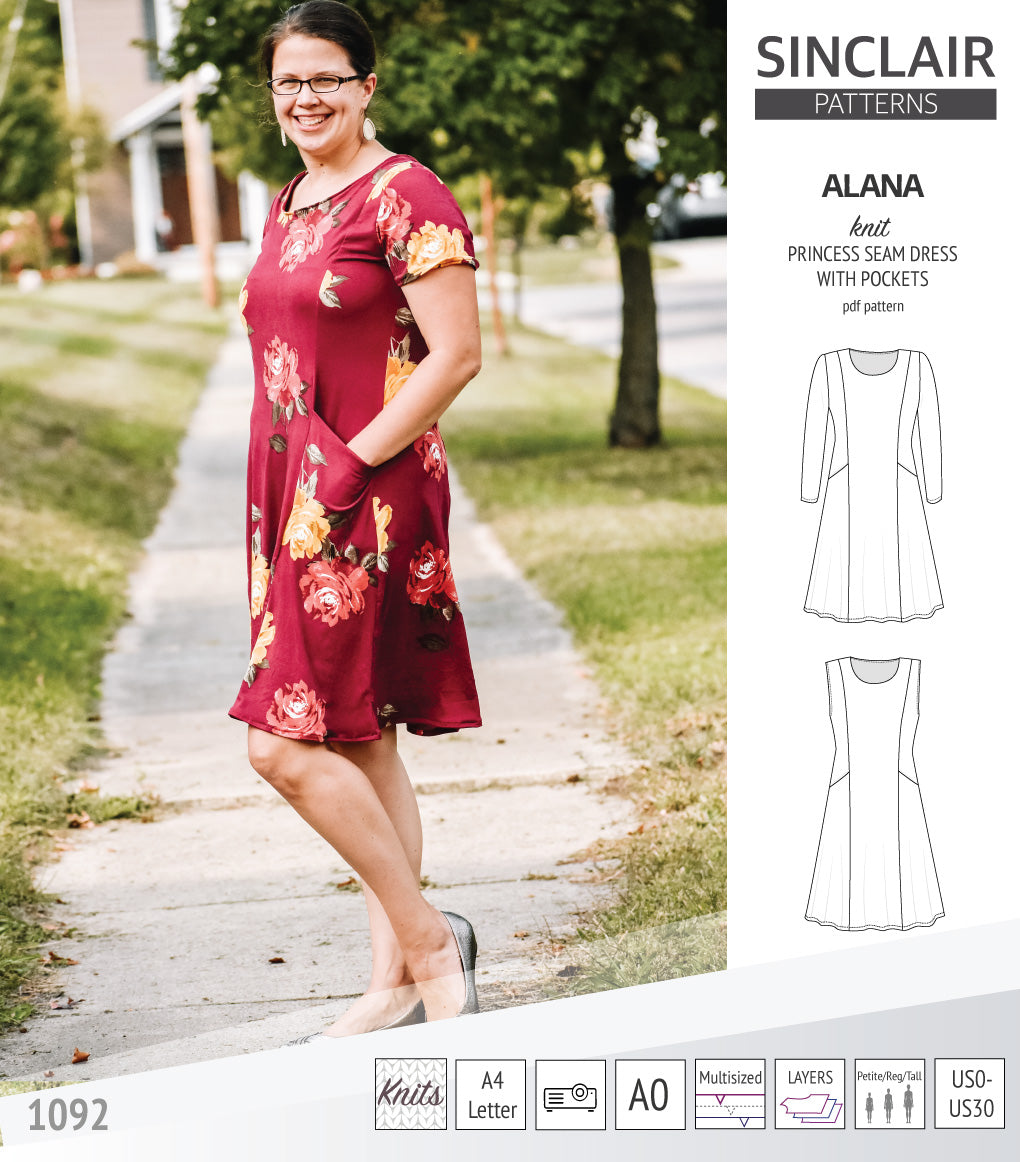 Alana princess seam knit dress with pockets pdf sewing pattern (PDF ...