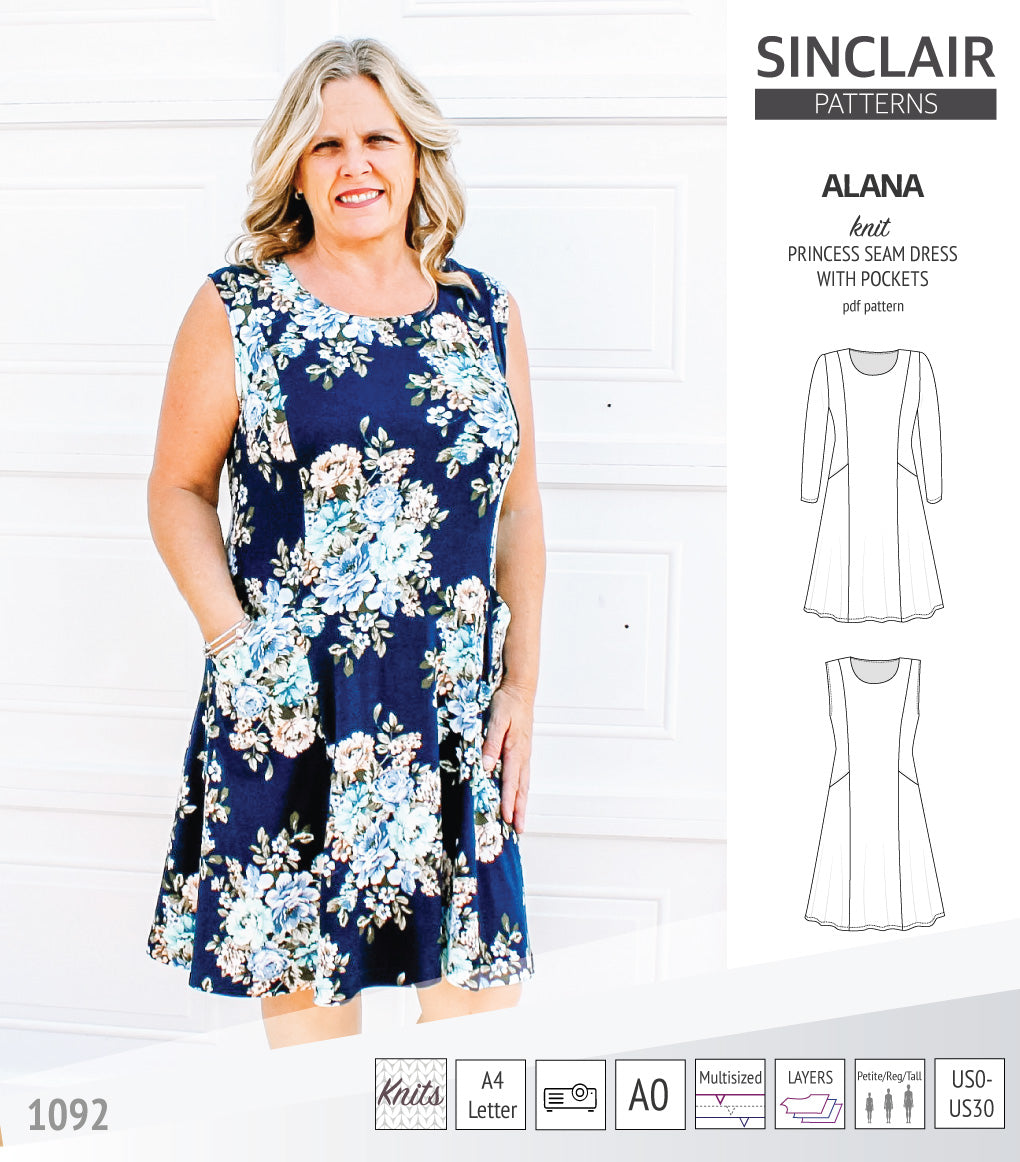 Alana princess seam knit dress with pockets pdf sewing pattern (PDF ...