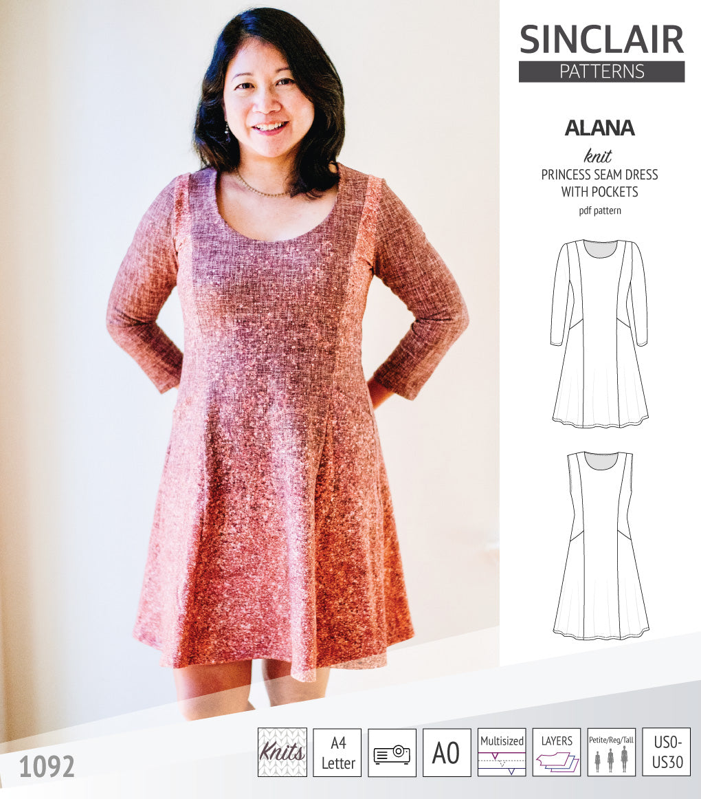 Alana princess seam knit dress with pockets pdf sewing pattern (PDF ...