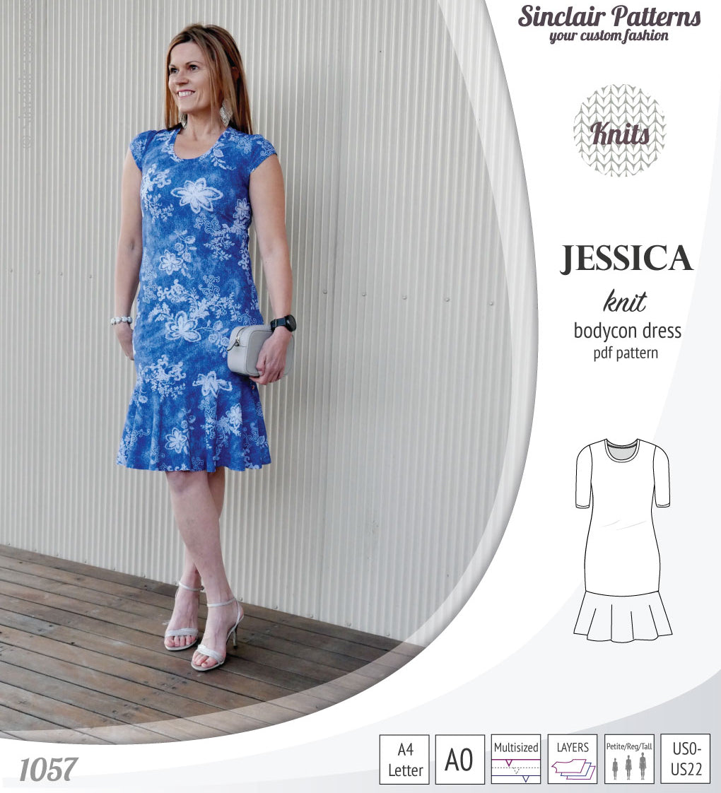 Pdf sewing pattern Jessica Bodycon dress for knit fabrics with peplum