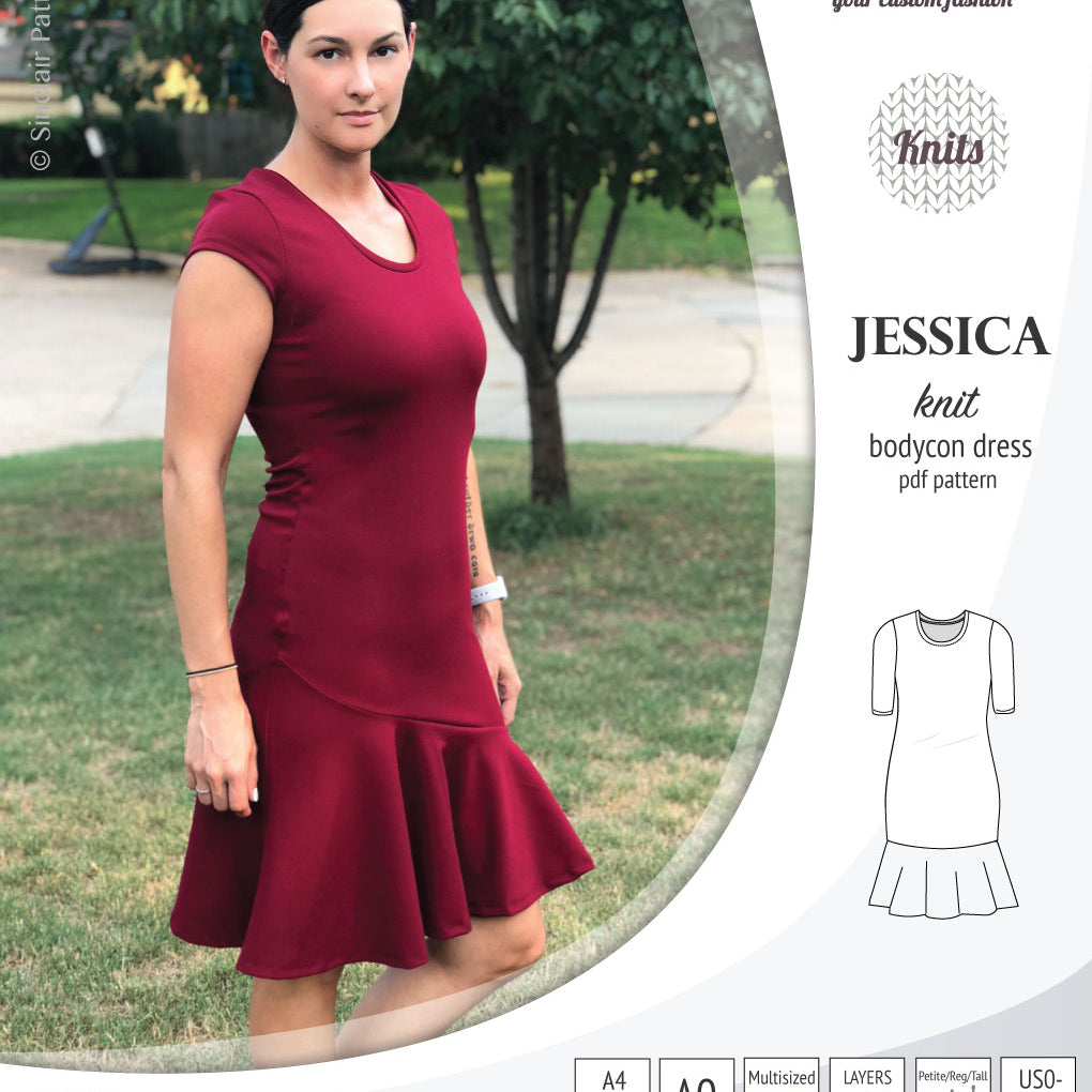 Pdf sewing pattern Jessica Bodycon dress for knit fabrics with peplum
