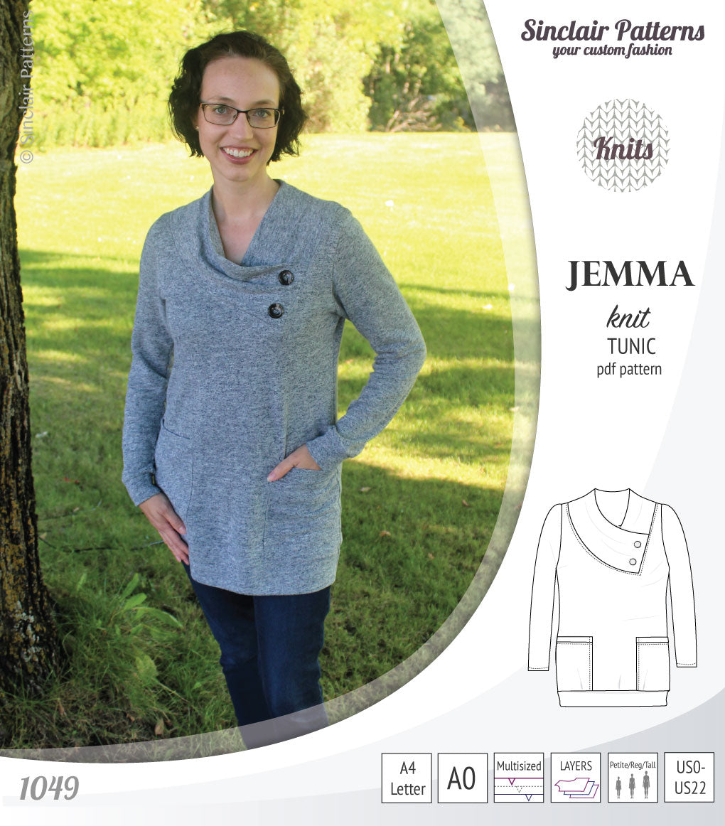 Pdf sewing pattern S1049 Jemma knit tunic with asymmetrical collar and pockets