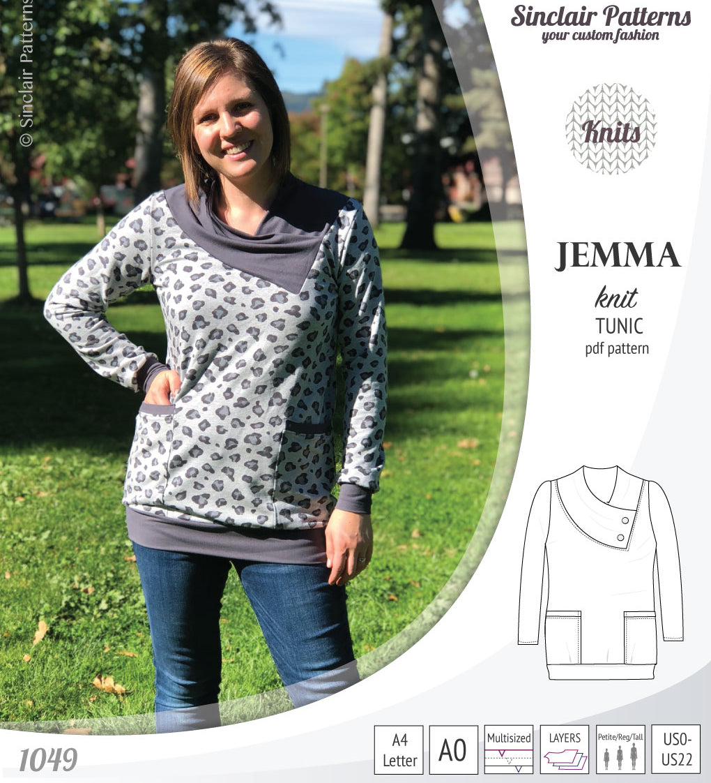 Pdf sewing pattern S1049 Jemma knit tunic with asymmetrical collar and pockets