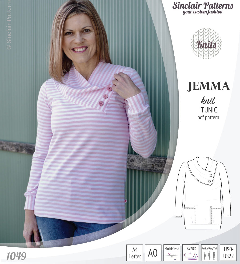 Pdf sewing pattern S1049 Jemma knit tunic with asymmetrical collar and pockets