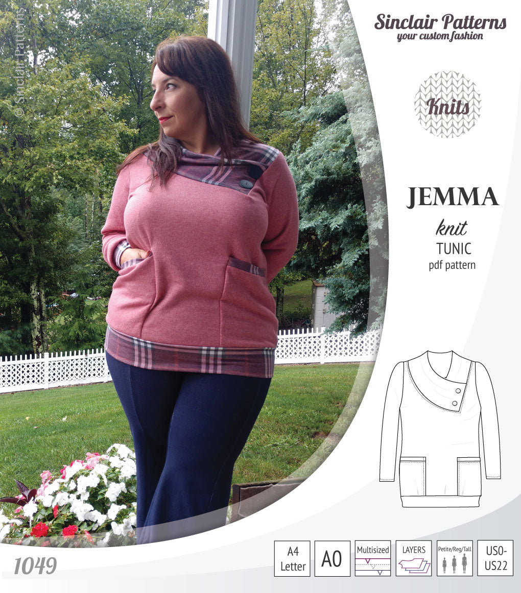 Pdf sewing pattern S1049 Jemma knit tunic with asymmetrical collar and pockets
