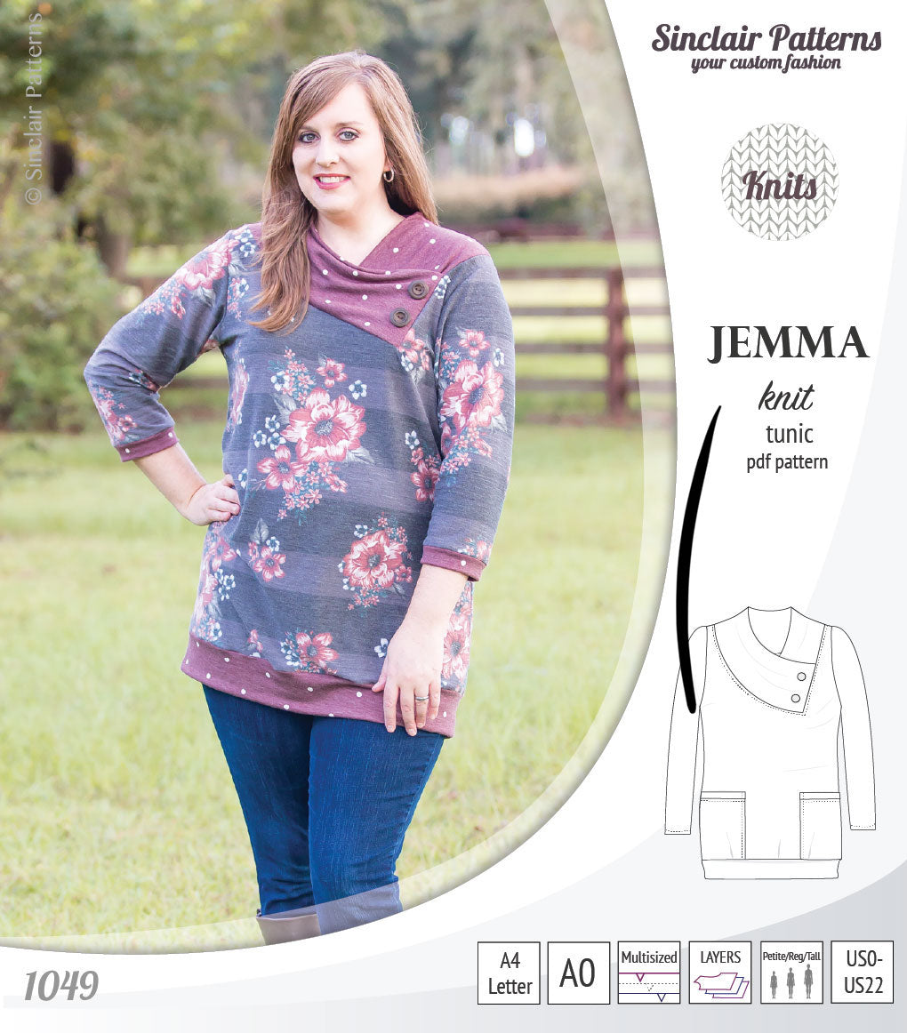 Pdf sewing pattern S1049 Jemma knit tunic with asymmetrical collar and pockets