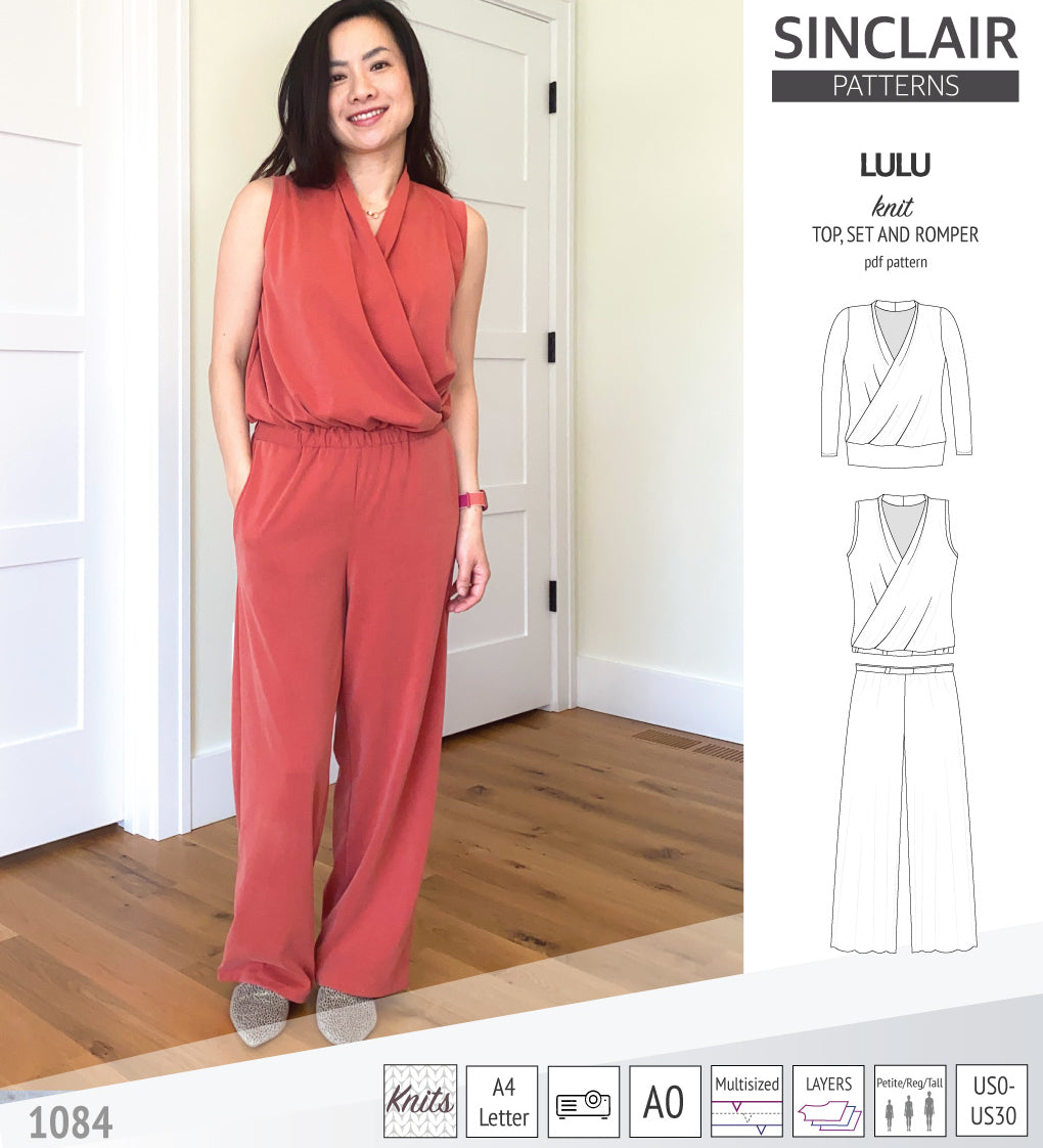 Sinclair Patterns Lulu faux wrap top, set and romper pdf sewing patterns for women