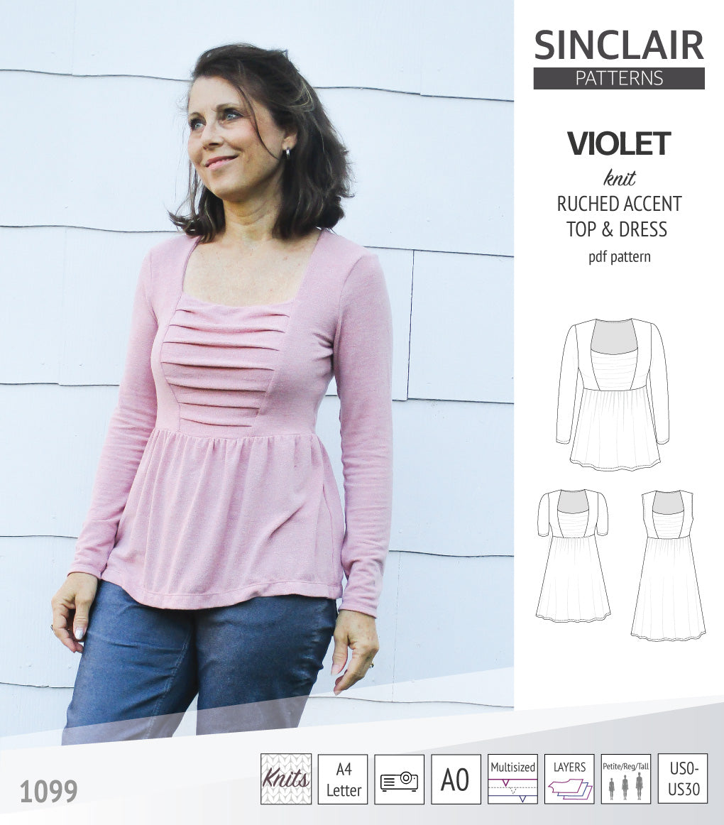 Sinclair Tuva Pattern Violet ruched accent top, tunic and dress for knit fabrics pdf sewing ...