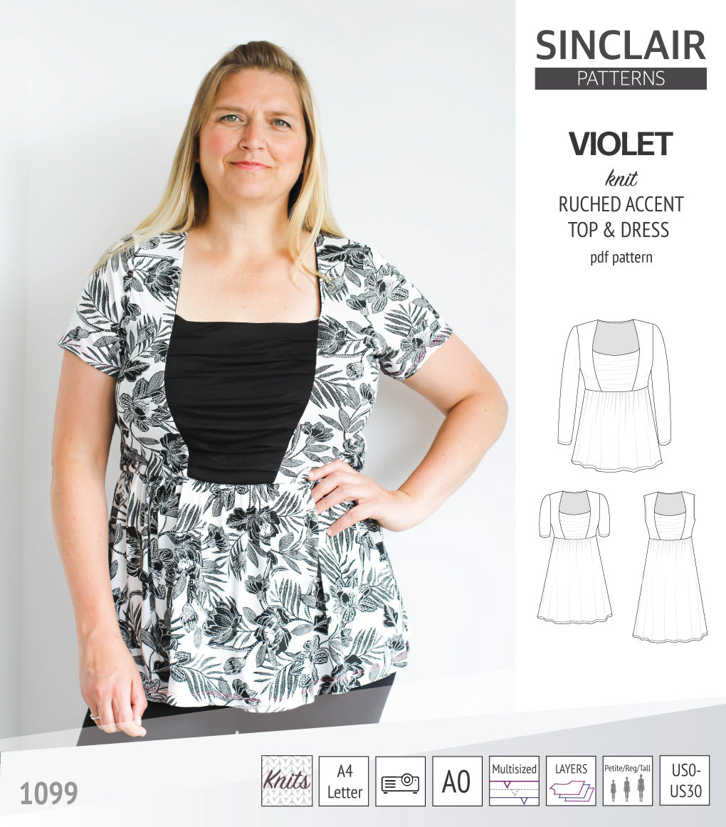 Sinclair Tuva Pattern Violet ruched accent top, tunic and dress for knit fabrics pdf sewing ...